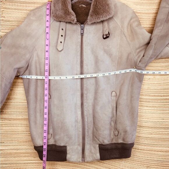 100% Gewachsenes Lammfell Suede Shearling Aviator Bomber Jacket Taupe Sz 50-US M - Picture 12 of 12